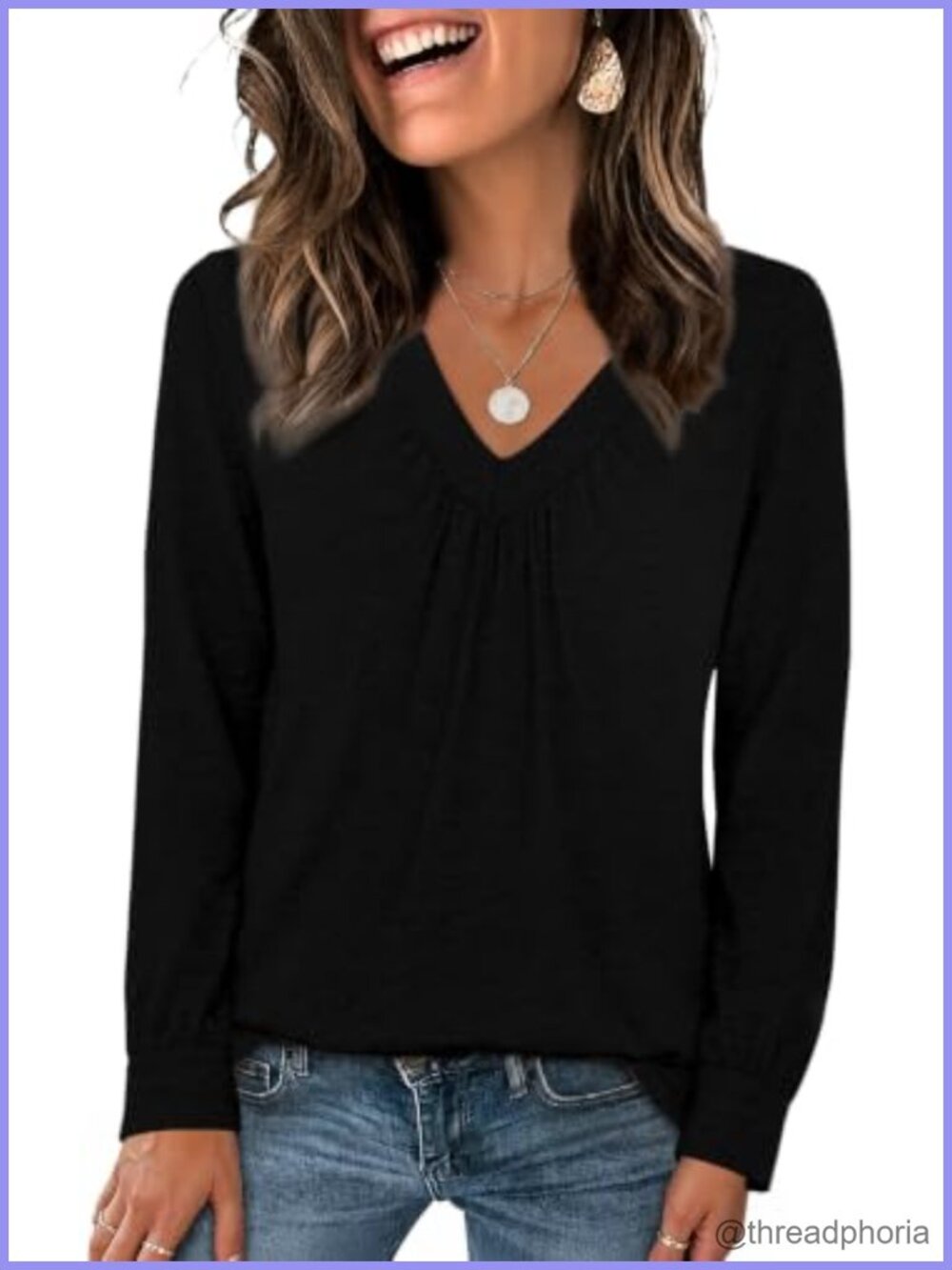 Women's Boho Ruched V-Neck Long Sleeve Blouse Loose Fit Casual Top